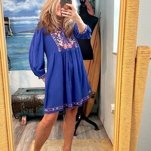 ⭐️Anthro’s Solitaire,Gorgeous,Embroidered Striking Royal Blue Swing Dress,Size S